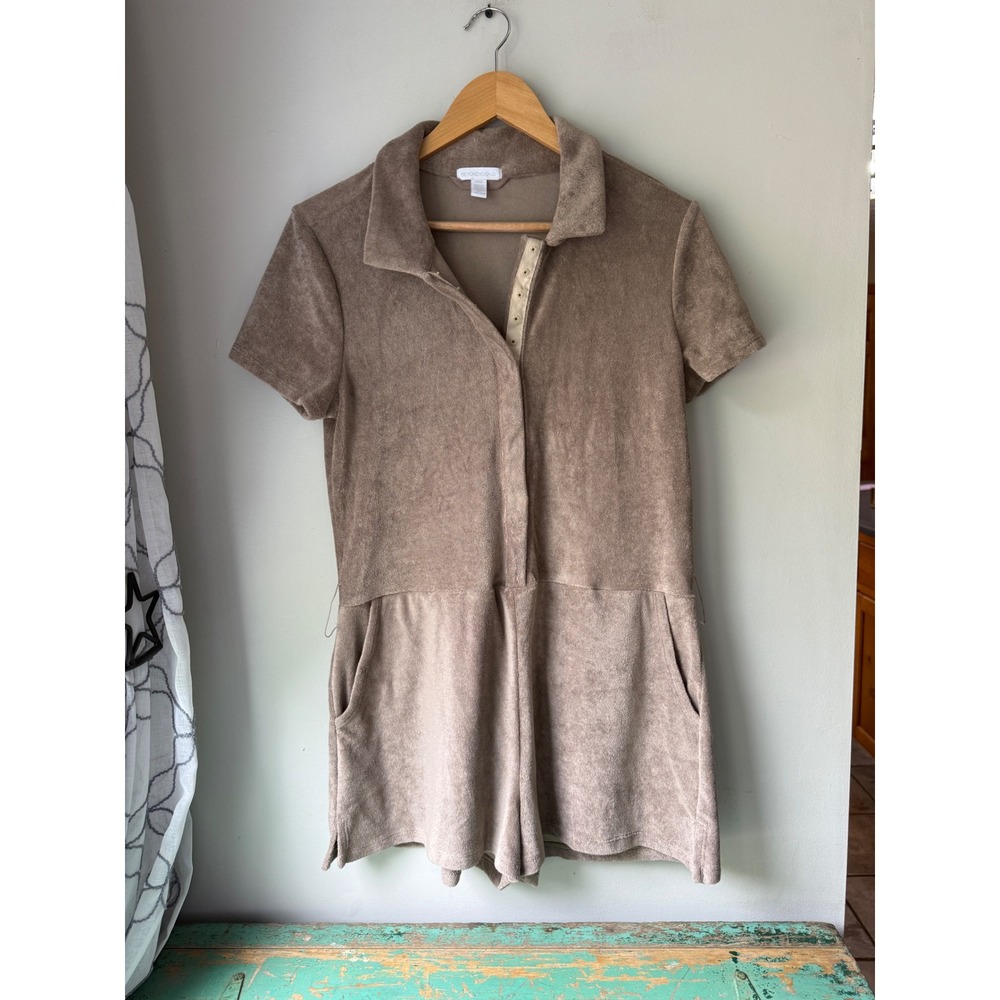 Beyond Yoga Tropez Terry Cloth Romper brown Snap Front Pockets Small